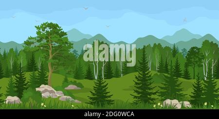 Seamless Horizontal Summer Mountain Landscape with Pine, Birch and Fir Trees, Green Grass and Yellow Flowers on the Stone Rocks, Blue Sky with Birds. Stock Vector