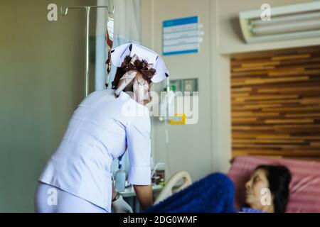 Nurse in hospital with blood products, infusion of donor blood. Stock Photo