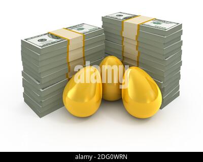 Dollar stacks and golden eggs isolated on white Stock Photo