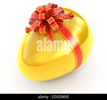 Easter surprise - golden egg with ribbon isolated on white Stock Photo