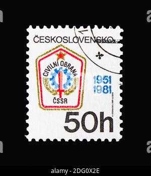 MOSCOW, RUSSIA - AUGUST 18, 2018: A stamp printed in Czechoslovakia shows Civil Defense, 30th Anniversary, serie, circa 1981 Stock Photo