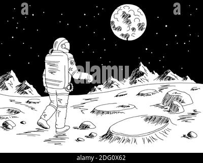 Spaceman astronaut walking alien planet graphic black white space landscape sketch illustration vector Stock Vector