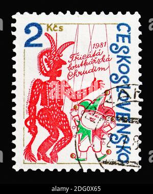 MOSCOW, RUSSIA - AUGUST 18, 2018: A stamp printed in Czechoslovakia shows 30th National Festival of Amateur Puppet Ensembles, serie, circa 1981 Stock Photo