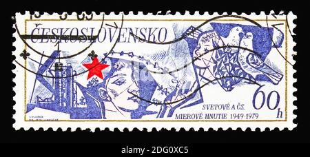 MOSCOW, RUSSIA - AUGUST 18, 2018: A stamp printed in Czechoslovakia shows The 30th Anniversary of Peace Movement, serie, circa 1979 Stock Photo