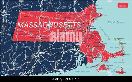 Massachusetts state detailed editable map with cities and towns, geographic sites, roads, railways, interstates and U.S. highways. Vector EPS-10 file, Stock Vector