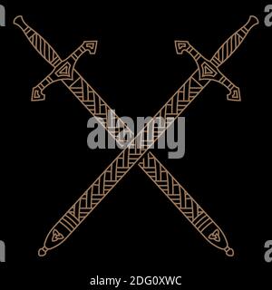 Old Norse, Viking design. Two crossed battle Viking swords Stock Vector