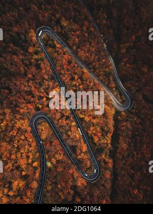 Curved road in the forest. Aerial image of a road.. Scenic curvy highway seen from a drone in autumn. Romania,Transylvania Stock Photo