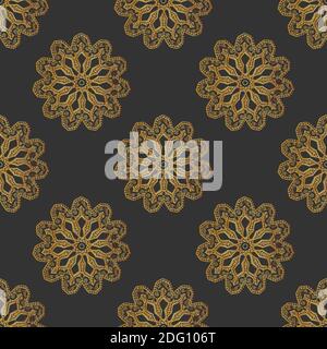 Vector seamless pattern of golden mandalas on dark gray background. Stock Vector