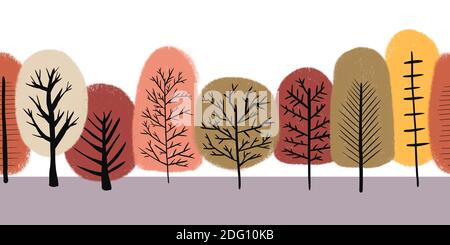 Autumn trees seamless border. Fall leaves and trees, repeating pattern, stylized trees, leaves . Minimalist style. Use as footer, banner, ribbon Stock Photo