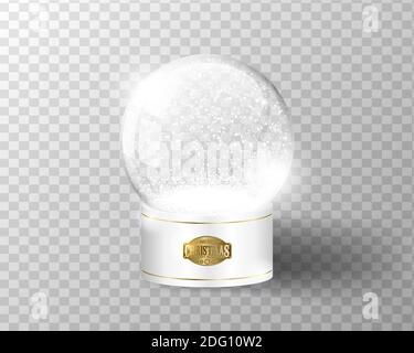 White vector snow globe empty template isolated on transparent background. Christmas magic ball. Glass ball dome with golden decoration shield on stan Stock Vector