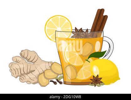 Winter healing tea with ginger, lemon and spices in cup. Vector illustration on white background Stock Vector