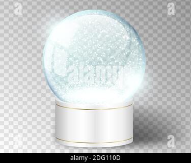 White vector snow globe empty template isolated on transparent background. Christmas magic ball. Blue glass ball dome with golden lines on stand. Wint Stock Vector