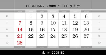 February 2021 quarterly calendar block. Wall calendar in English, week starts from Sunday. Vector Illustration. Stock Vector