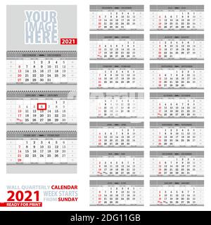 Wall quarterly calendar 2021. Week start from Sunday, ready for print. Vector Illustration. Stock Vector