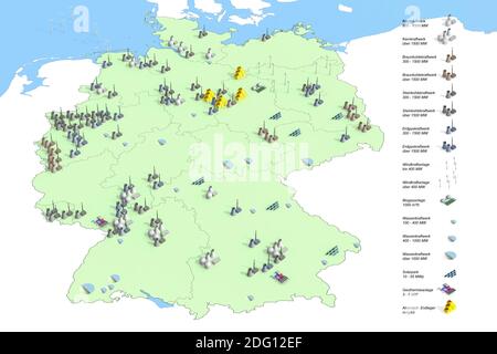 Locations of power plants in Germany in 2011, source: Federal Environmental Agency 2011, location-specific presentation of power Stock Photo