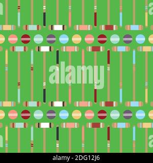 Croquet game seamless vector pattern background. Fun repeat of mallets and balls on lawn green backdrop. Colorful hand drawn design. All over print Stock Vector