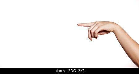 Hand Pointer on White Background. Beautiful Female Hand. One Finger Touching or Pressing Stock Photo