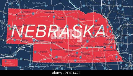 Nebraska state detailed editable map with cities and towns, geographic sites, roads, railways, interstates and U.S. highways. Vector EPS-10 file, tren Stock Vector
