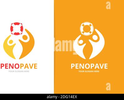 Vector lifebuoy and people logo combination. Unique lifeboat and team logotype design template. Stock Vector
