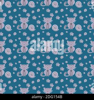 Cute kitty with yarn ball and footprints on dark blue background Stock Vector
