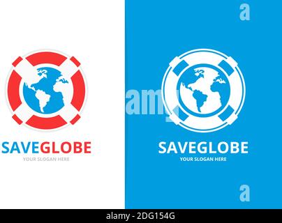 Vector lifebuoy and earth logo combination. Unique lifeboat and globe logotype design template. Stock Vector