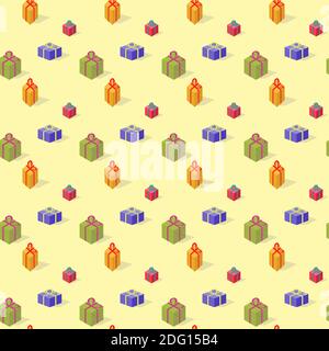 Seamless pattern with colored gift boxes on light yellow background Stock Vector