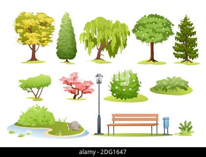 Forest and park trees, bushes, fern and park bench set Stock Vector