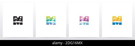 Tropical Island On Letter Logo Design M Stock Vector