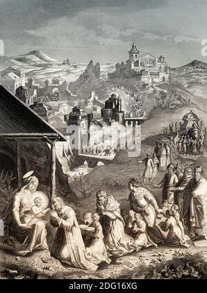 The epiphany of Jesus, Arrival of the Magi, steel engraving, 1853, digitally restored Stock Photo