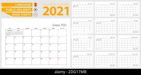 Spanish calendar planner for 2021. Spanish language, week starts from Monday. Vector template. Stock Vector