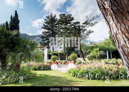 The stunning garden of Villa Eva in the town of Ravello Italy. A renowned wedding venue and privately owned villa. Landscaped gardens and luxury villa. Stock Photo