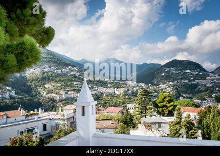 The stunning views across the hill sides shot from the roof of Villa Eva in the town of Ravello Italy. Italian landscape & rolling hills. Stock Photo