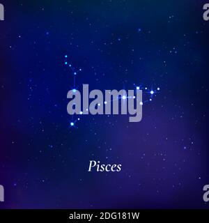 Pisces sign. Stars map of zodiac constellation on dark blue background. Vector Stock Vector