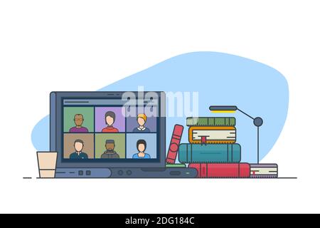 Online meeting and learning line style vector Stock Vector
