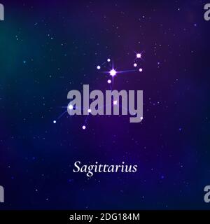Sagittarius sign. Stars map of zodiac constellation on dark blue background. Vector Stock Vector