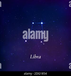 Libra sign. Stars map of zodiac constellation on dark blue background. Vector Stock Vector