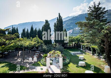 The stunning garden of Villa Eva in the town of Ravello Italy. A renowned wedding venue and privately owned villa. Landscaped gardens and luxury villa. Stock Photo