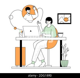 Video call - modern flat design style illustration with line elements. Colorful composition with a woman talking to her friend or colleague from home. Stock Vector