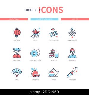 Chinese New Year - line design style icons set. Holiday traditions and symbols idea. Lantern, lotus, fire crackers, knot, happy girl and boy, feng shu Stock Vector