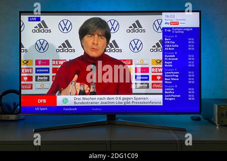 Hair, Deutschland. 07th Dec, 2020. Three weeks after the 0-6 versus Spain: Federal coach Joachim Jogi LOEW, LOW (GER) gives press conference on December 7th, 2020 TV picture from sports broadcaster SKY Sport News, which broadcasts the press conference live. | usage worldwide Credit: dpa/Alamy Live News Stock Photo