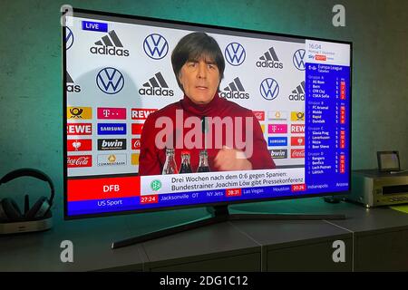 Hair, Deutschland. 07th Dec, 2020. Three weeks after the 0-6 versus Spain: Federal coach Joachim Jogi LOEW, LOW (GER) gives press conference on December 7th, 2020 TV picture from sports broadcaster SKY Sport News, which broadcasts the press conference live. | usage worldwide Credit: dpa/Alamy Live News Stock Photo