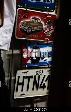 Traditional handcrafted vehicle registration plates like souvenirs for sale in La Havana, Cuba. Stock Photo