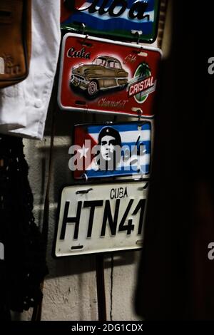 Traditional handcrafted vehicle registration plates like souvenirs for sale in La Havana, Cuba. Stock Photo