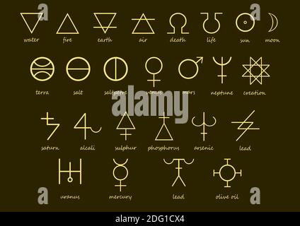 Alchemy symbols in yellow on a green background. Alchemy symbol set. Symbols of nature and creation. Stock Photo