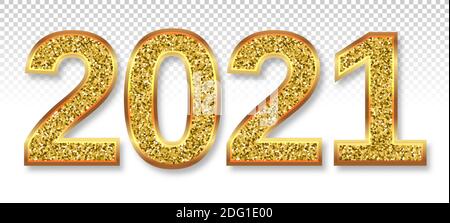 2021 numbers are gold glitter, swirling. Christmas symbol with soft shadow. 3D realistic illustration. Transparent background. Vector. Stock Vector