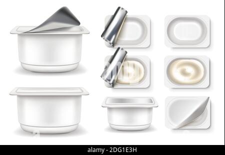Yogurt icons set. Packaging fermented milk product packages are empty and full. Top and side view. 3D realistic mockup. For advertising, branding and Stock Vector