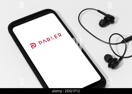 Galicia, Spain; december 07, 2020 : Smartphone showing Parler app logo on screen Stock Photo