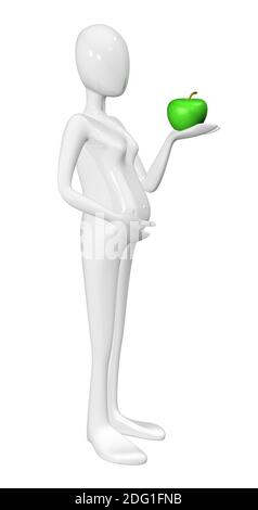 Pregnant woman with green apple isolated on white background. Stock Photo