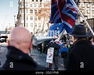 Steve Bray, noted Anti-Brexit campaigner, who protests everyday outside the gate of the House of Parliament (Palace of Westminster), London, United Ki Stock Photo