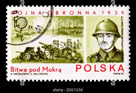 MOSCOW, RUSSIA - AUGUST 18, 2018: A stamp printed in Poland shows Battle of Mokra, Col. Julian Filipowicz, Invasion of Poland serie, circa 1987 Stock Photo